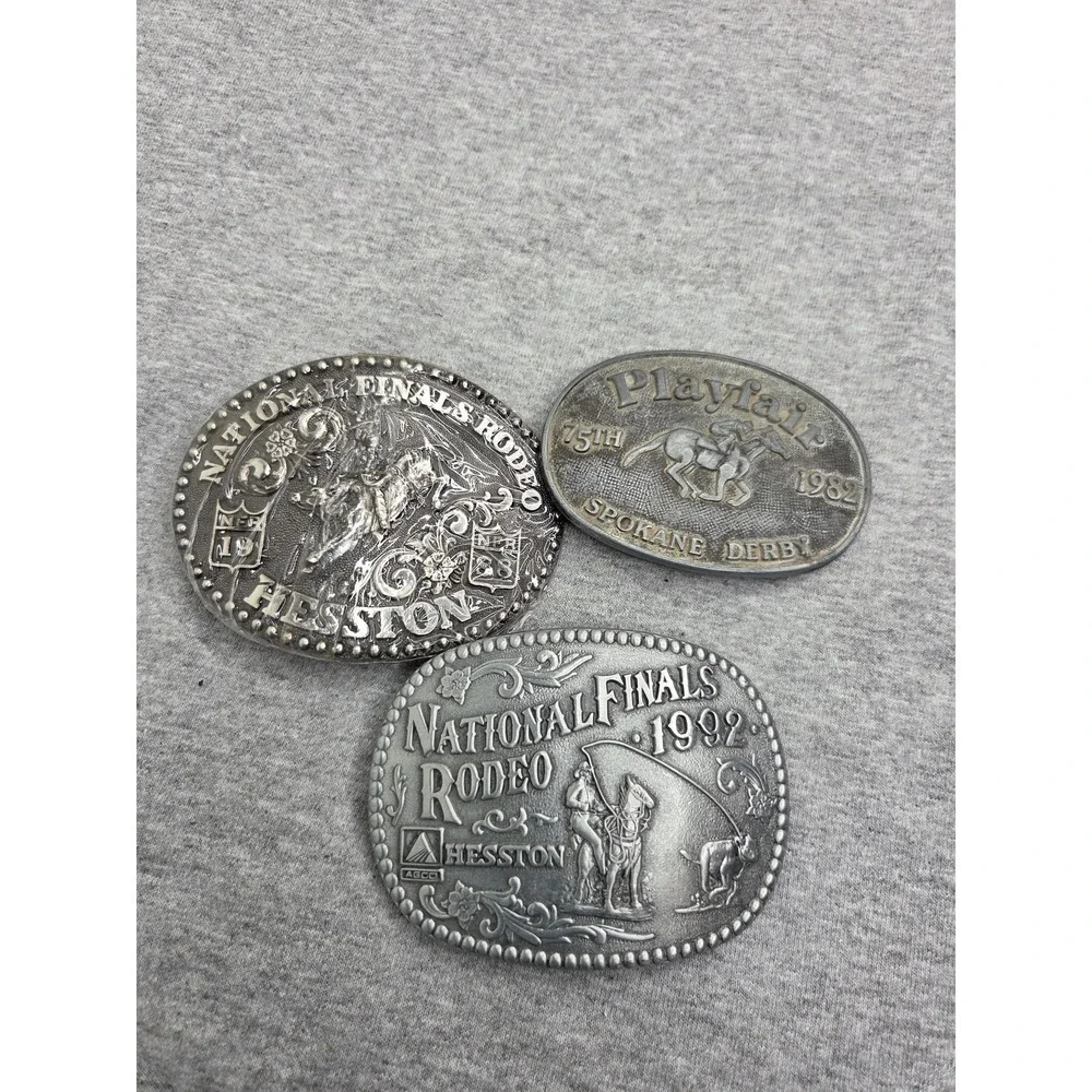 Lot of 3 Hesston National Finals Rodeo Spokane Derby Bull Riding Belt Buckles